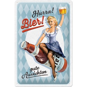 Nostalgic-Art Blechschild Bier (20x30cm) mit Pin-up-Motiv und Bierglas in der Hand.