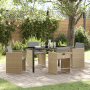 5-teiliges Garten-Ess-Set aus beigem Poly Rattan mit Tisch und Stühlen mit grauen Kissen.