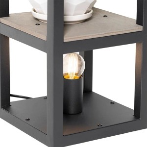 QAZQA Industrielle Tischlampe Cage Rack, schwarz, mit Holzablage, leuchtender E27-Glühbirne und weißem Topf.