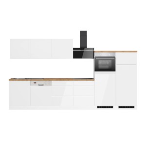 Moderne Küchenzeile Gera 360 cm in Weiß/Wotan mit E-Geräten wie Herd, Ofen und Geschirrspüler.