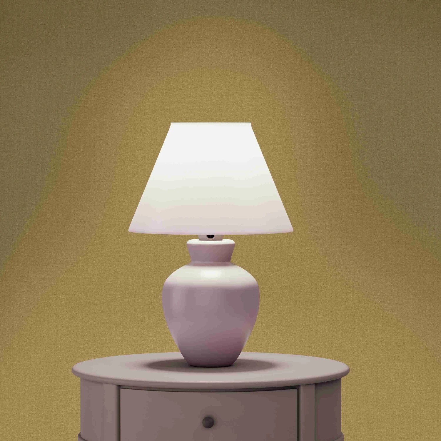 Gelbe Tadessi Uni Vliestapete als Wandhintergrund, beleuchtet von einer Lampe auf einem Nachttisch. Dekorative Tapete.