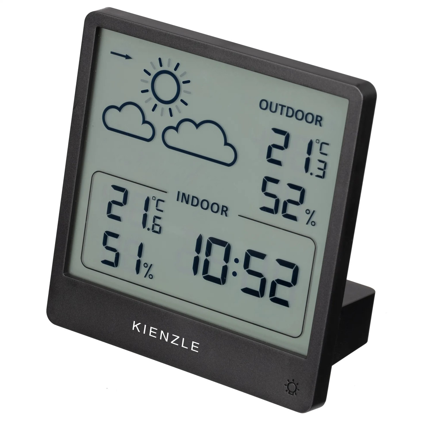 Schwarze Kienzle Funk-Wetterstation Slim mit Anzeige von Innen-/Außentemperatur und Uhrzeit.