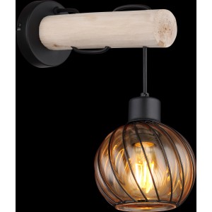Moderne Globo Wandlampe Paulo, schwarz matt mit Holz und amberfarbenem Glas. Dekorative Wandleuchte.
