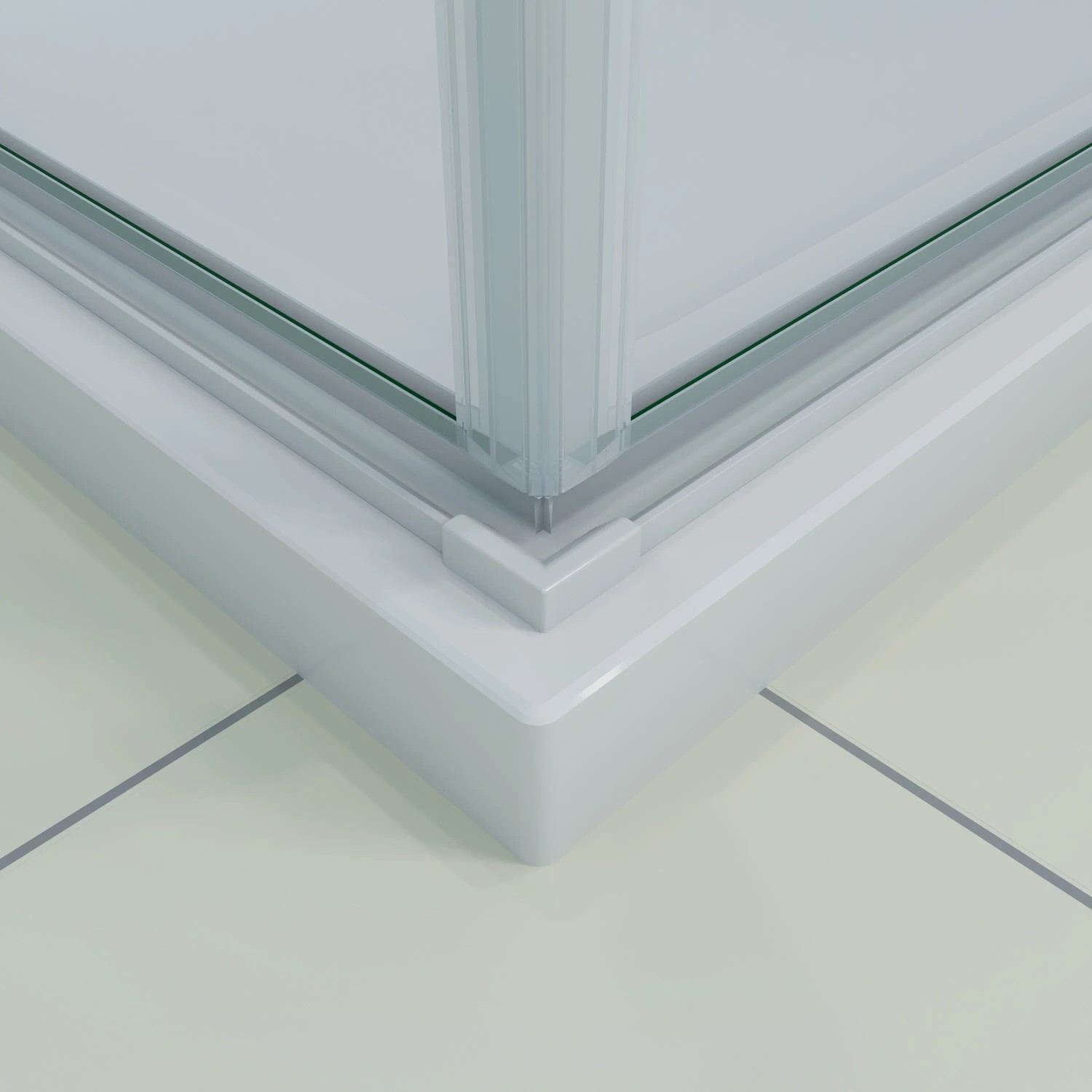 Detailaufnahme Ecke Duschkabine: Alu Silber Matt, 5mm ESG Glas, Eckeinstieg.