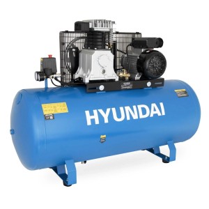 Blauer HYUNDAI Riemenkompressor BAC3200E mit 200 Liter Tank, Motor und Manometer für Werkstatt.