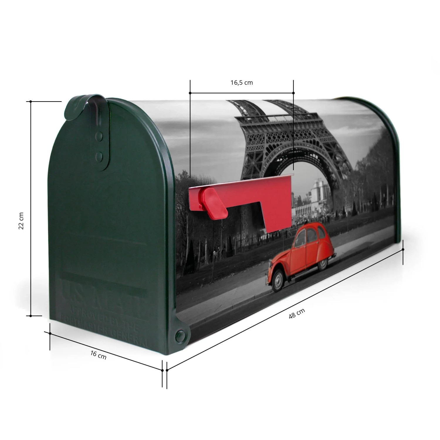 Grüner US Briefkasten mit Paris Motiv. Amerikanischer Postkasten mit Eiffelturm und rotem Auto.