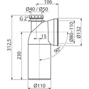 Technische Zeichnung: Alcadrain WC-Anschlussbogen A90-90P40/50A, 90° Winkel, DN40/50 Konnektor, Abflussrohr Ø110 mm.