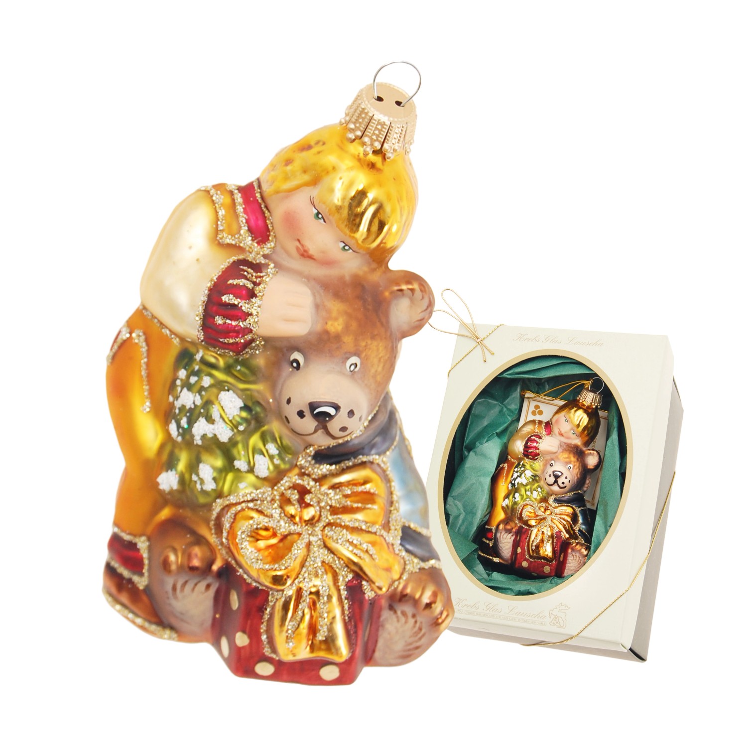 Krebs Glas Lauscha Baumschmuck Viktorianisch Kind mit Bär Mehrfarbig 10cm