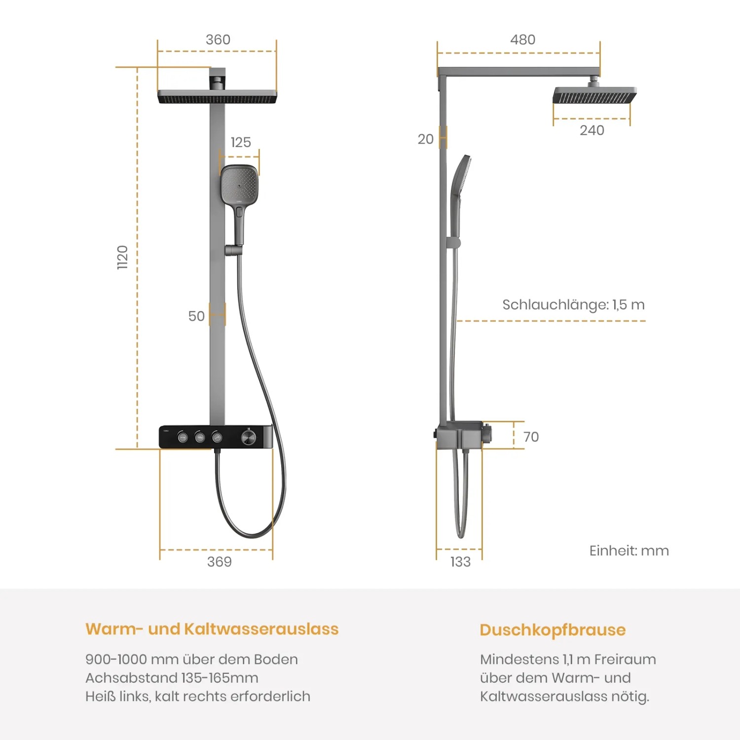 Emke Duschsystem Anthrazit mit Thermostat, Regendusche und Handbrause, Maße eingezeichnet.