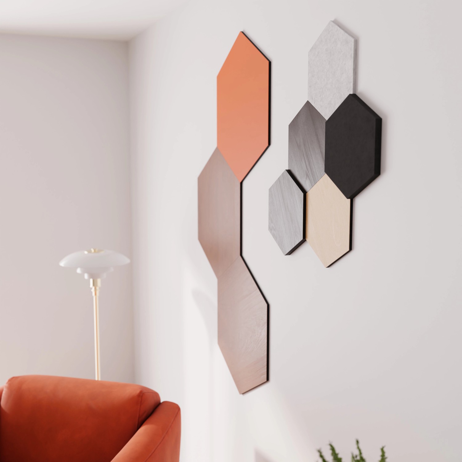 Designpaneel Hexagon Walnuss Clear, 3 MDF-Paneele in verschiedenen Farben als Wanddeko.