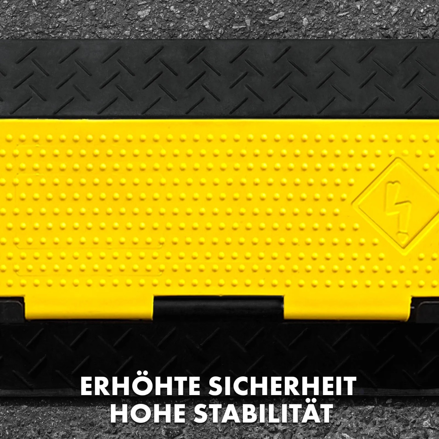 Detailaufnahme der schwarz-gelben KARAT Kabelbrücke Peak für Kabelschutz.