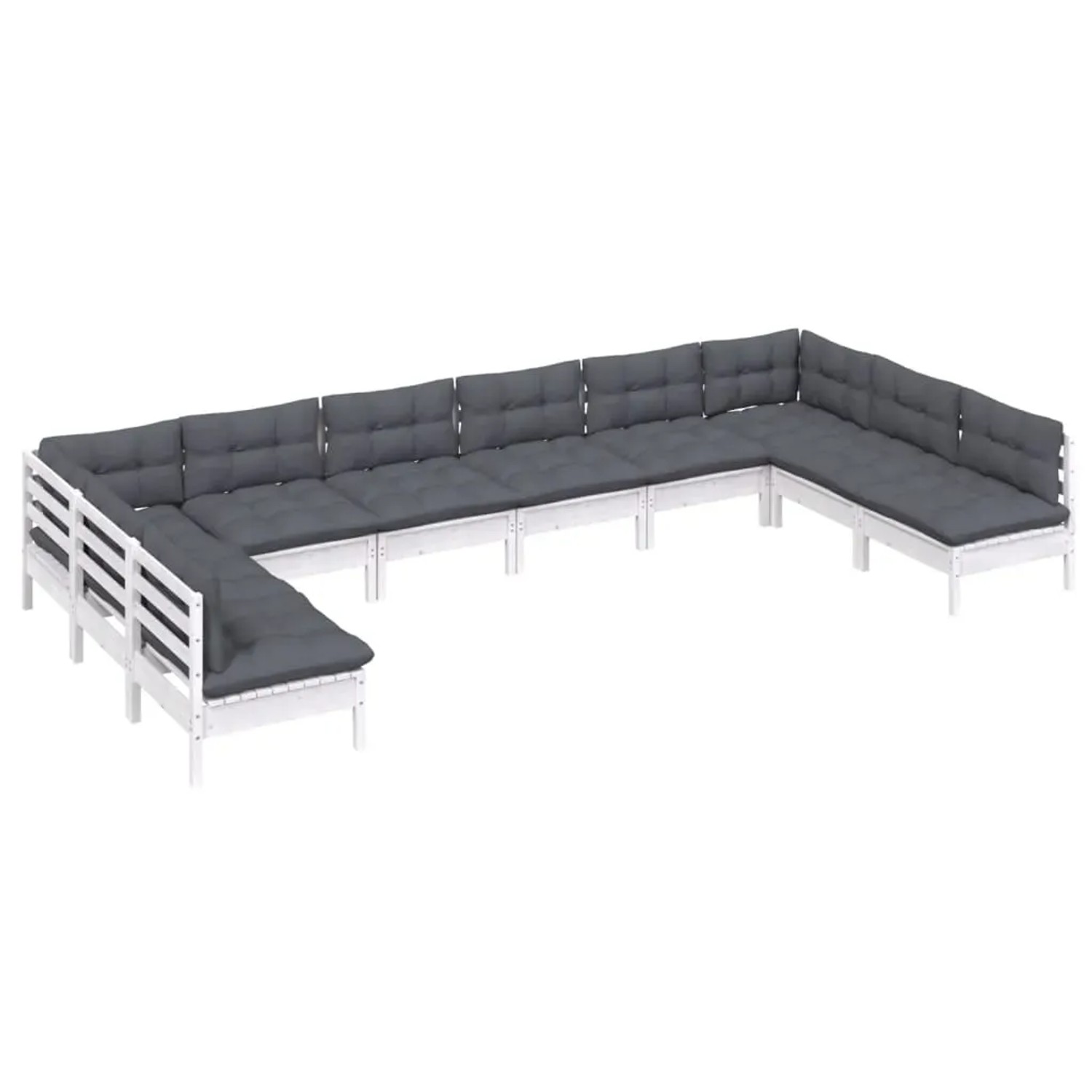 Weißes 10-tlg. Garten-Lounge-Set aus Kiefernholz mit anthrazitfarbenen Kissen.