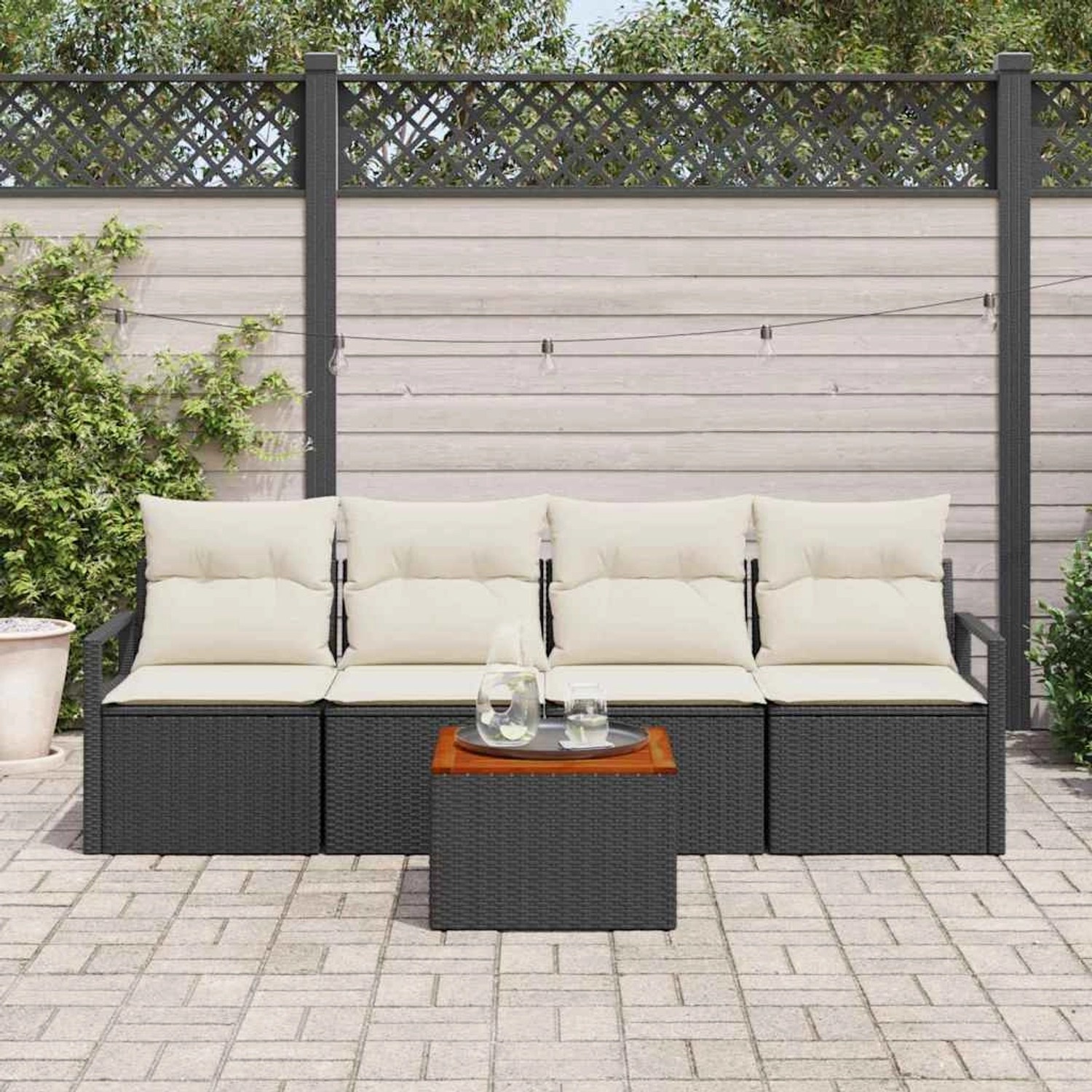 vidaXL Garten-Sofa-Set, 5-teilig, schwarz/weiß, mit Tisch und Sitzkissen. Gartenmöbel für 4 Personen.
