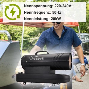 Schwarze TroniTechnik Diesel Heizkanone 20kW mit Tragegriff im Einsatz.