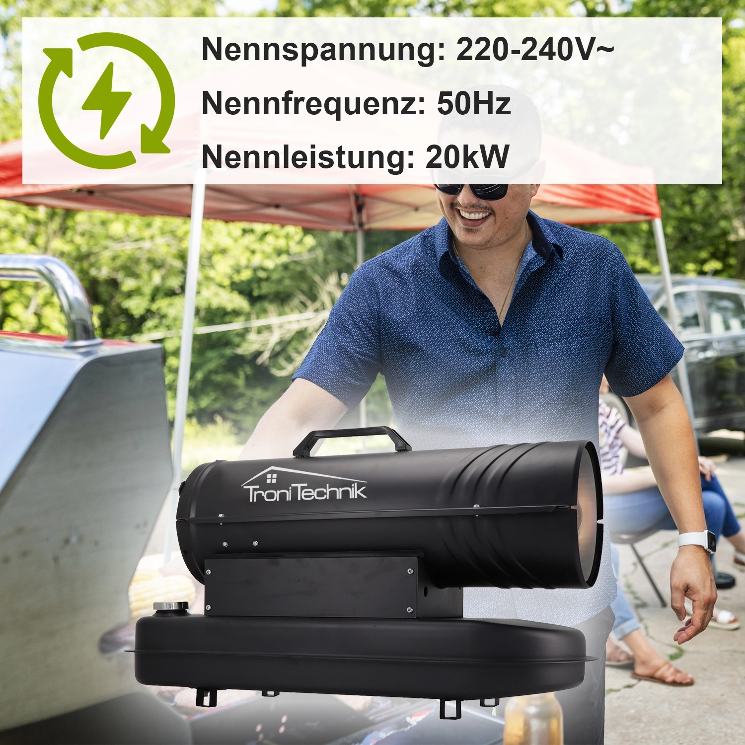 Schwarze TroniTechnik Diesel Heizkanone 20kW mit Tragegriff im Einsatz.