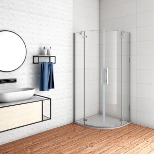 Viertelkreis Duschkabine 80x80cm aus 6mm ESG-Nano-Klarglas mit Chromrahmen im modernen Bad. Ebenerdige Runddusche.