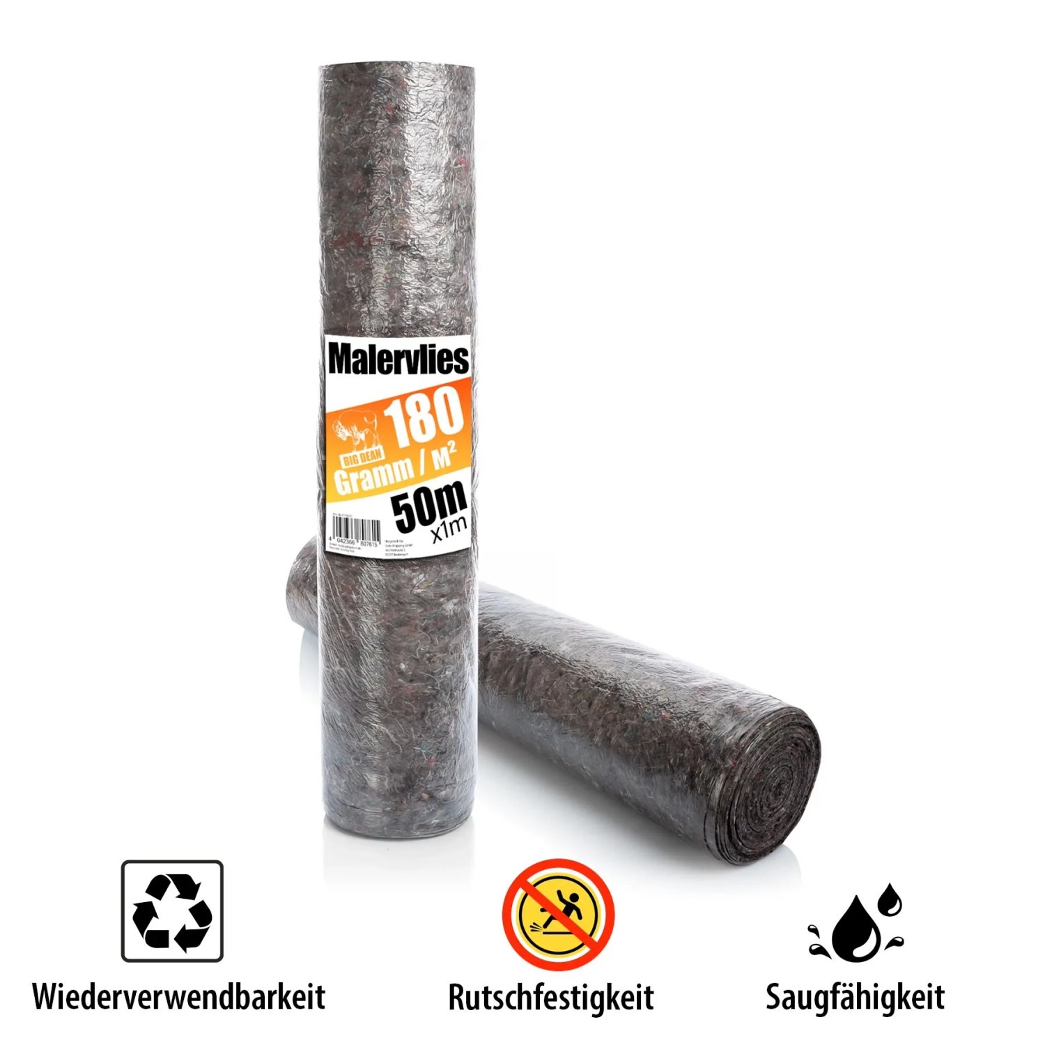 Zwei Rollen BigDean Malervlies 180g/m², 50m, dunkelgrau, mit Durchsickerungsschutz, rutschfest und saugfähig.