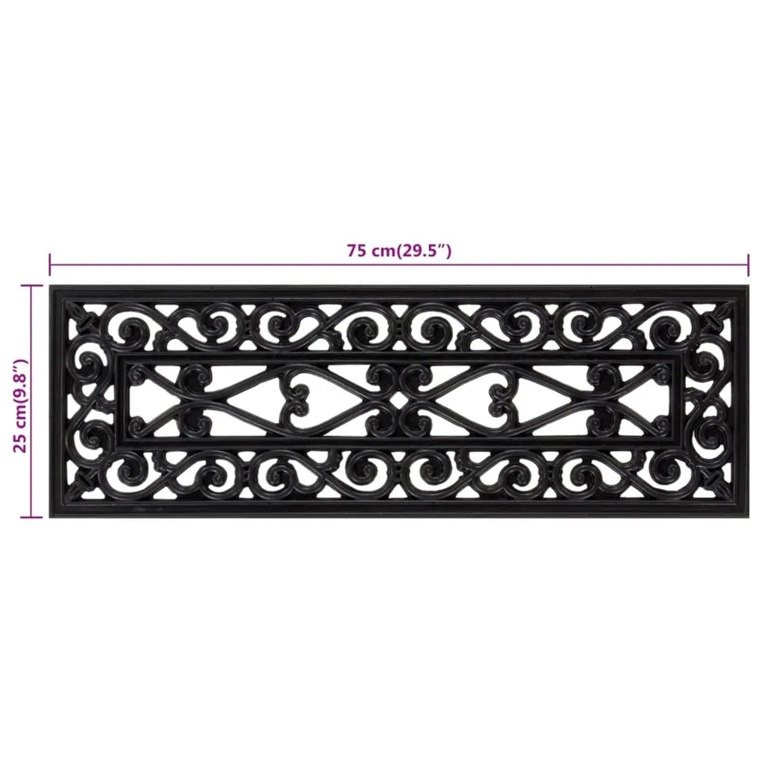 Schwarze Gummi Stufenmatte 25x75 cm mit elegantem Vintage-Muster in Schmiedeeisen-Optik. Rutschfest für Treppen.