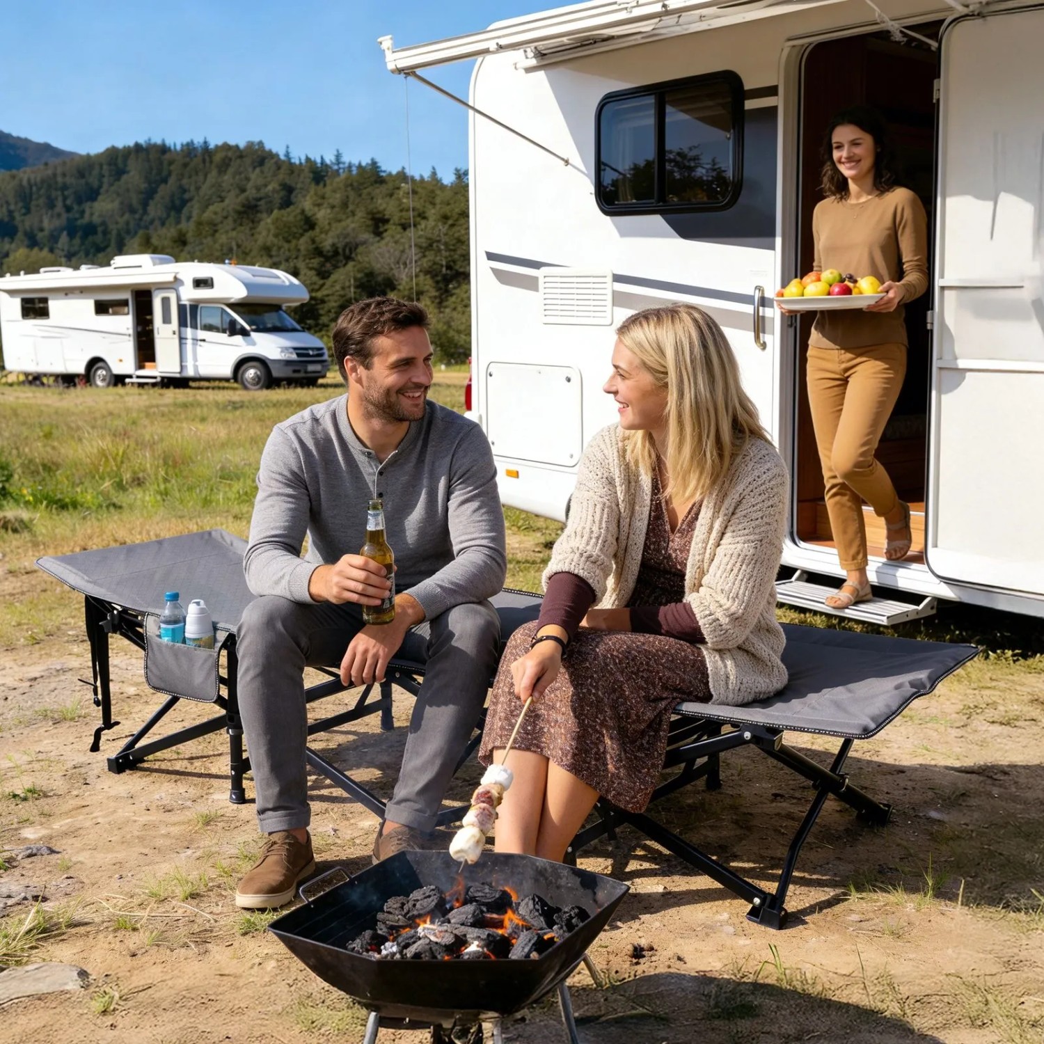 Sekey Campingbett: Paar entspannt auf Feldbett vor Wohnwagen beim Camping.