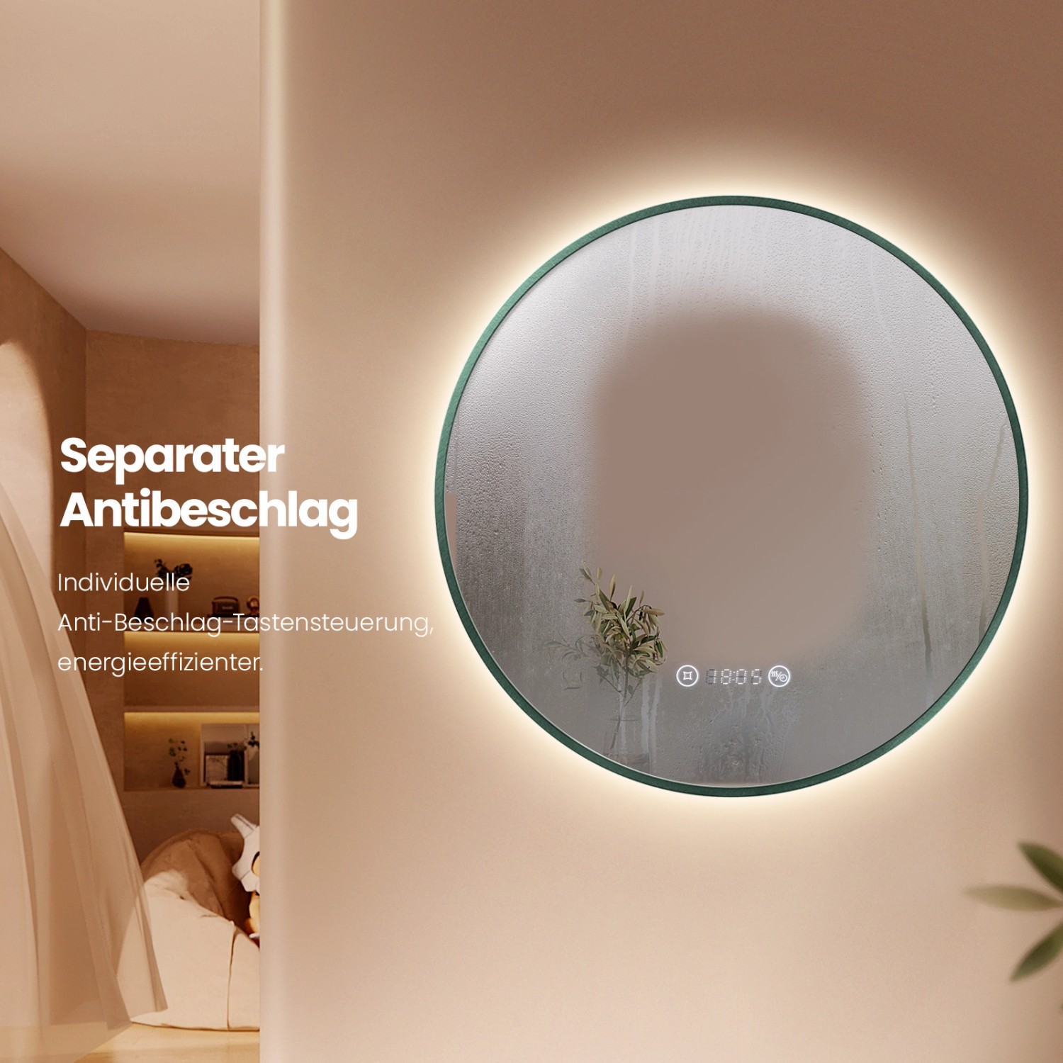Runder, dunkelgrüner LED Badspiegel, 70 cm, mit Uhr, Temperaturanzeige und Antibeschlagfunktion.