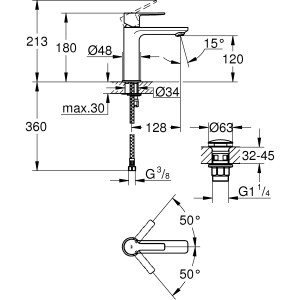 Technische Zeichnung: Grohe Lineare Waschtischarmatur S-Size, Hard Graphite gebürstet, mit Maßangaben.