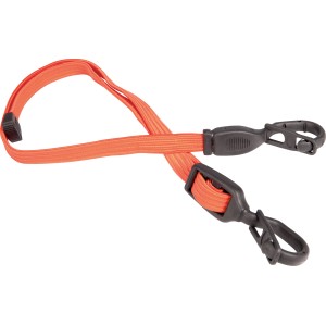 Oranger Gummi-Expander mit schwarzen Kunststoffhaken, längenverstellbar für Reise & Transport.