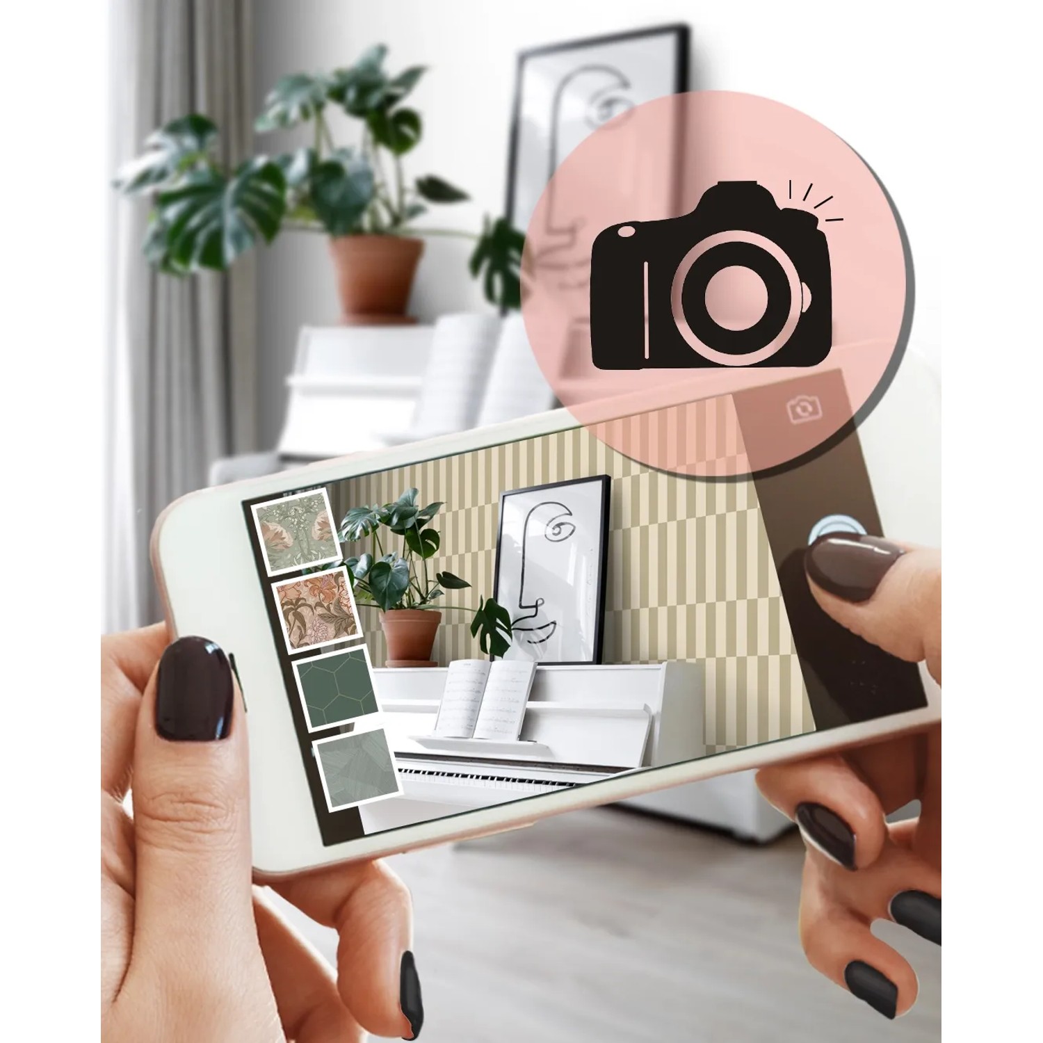 Hände halten Smartphone mit AR-Vorschau der ESTAhome Tapete Streifen Beigebraun an einer Wand. Dekorative Vliestapete.