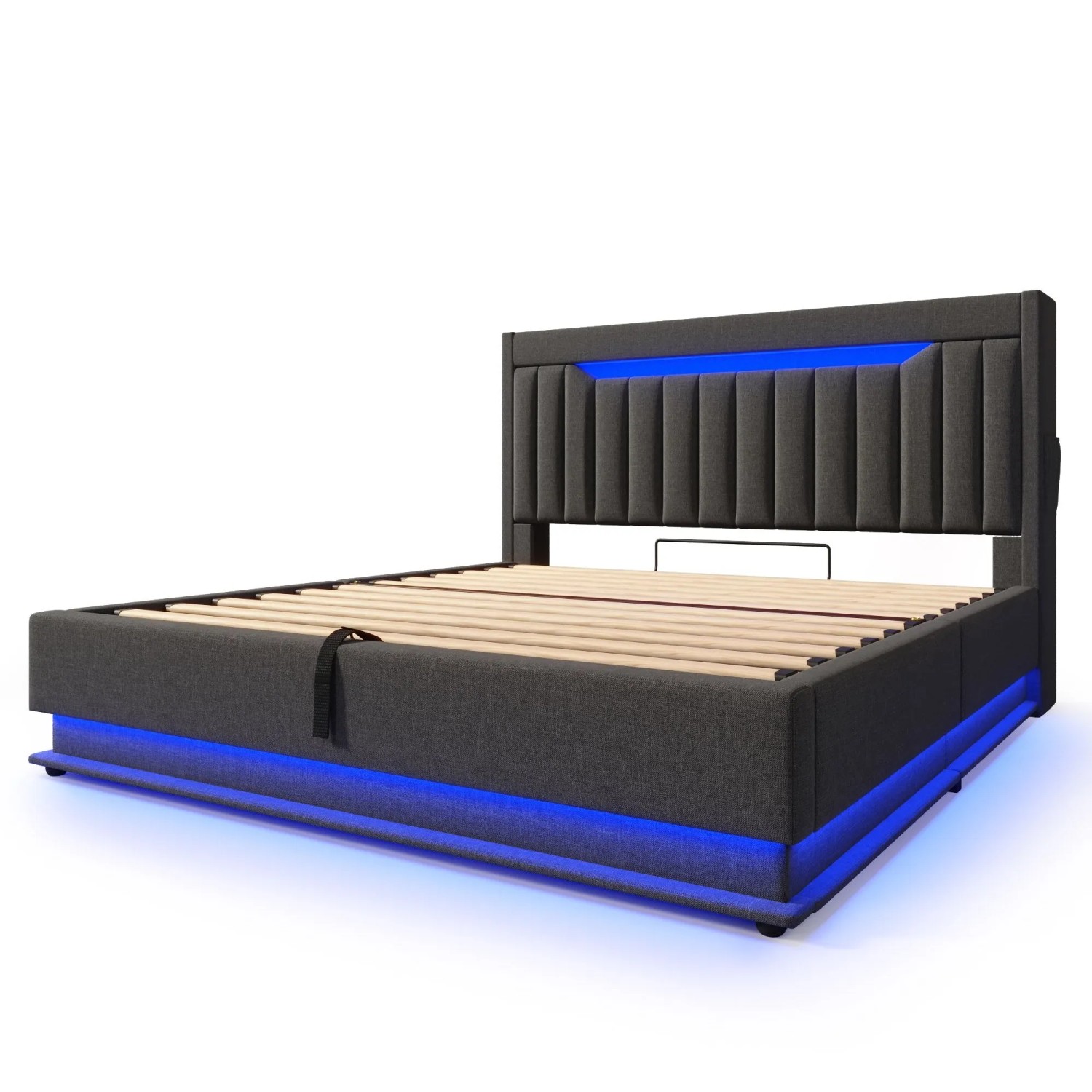 okwish Polsterbett 180x200cm mit LED Stauraum Einzelbett Grau ohne Matratze