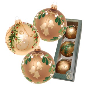 Krebs Glas Lauscha Weihnachtskugeln Walddekor, 3er Set, 8cm. Christbaumkugeln mit Glocken und Mistelzweigen.