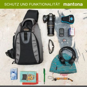 Mantona Fotorucksack Miami, grau-schwarz, mit DSLR-Kamera, Objektiv und Zubehör für Ordnung.