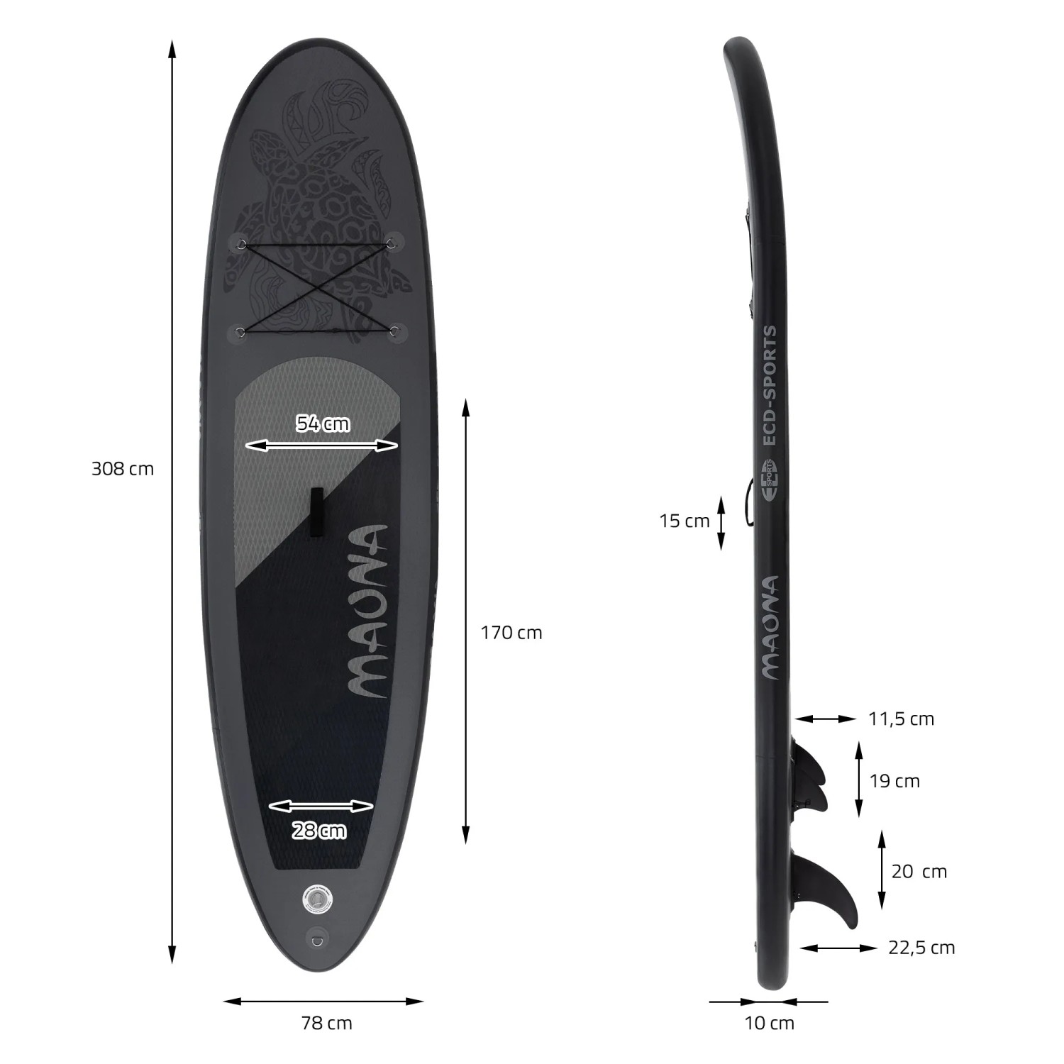 Schwarzes ECD Germany Stand Up Paddle Board Maona, 308 cm, mit Maßangaben.