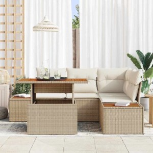 Beige vidaXL Garten Essgruppe mit Kissen, 5-teilig, aus Polyrattan und Akazienholz.