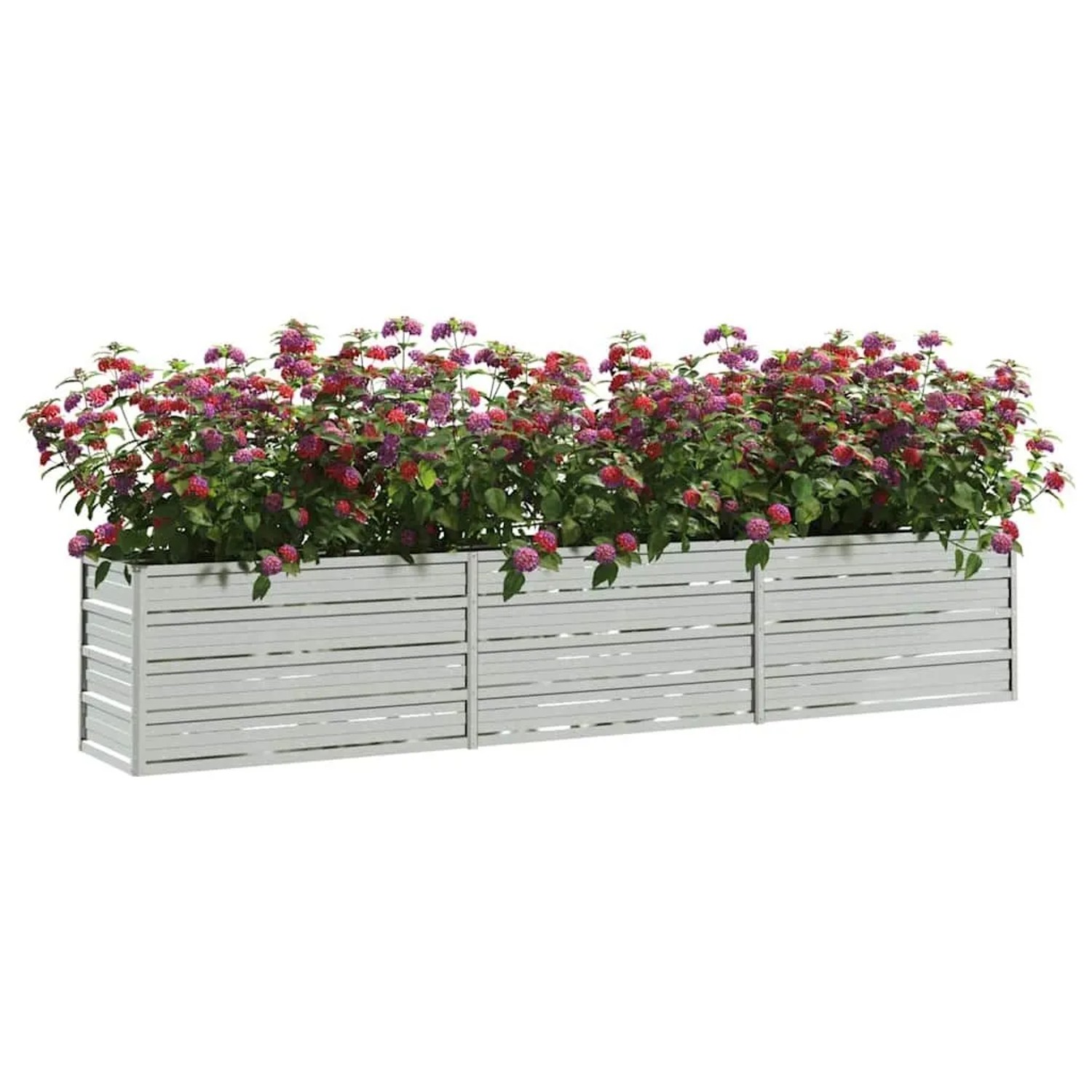 Silbernes Furnicato Garten-Hochbeet (240x40x45 cm) aus verzinktem Stahl mit blühenden Pflanzen.