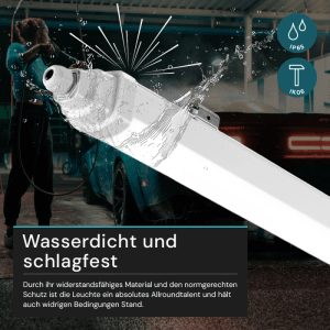 LUXULA LED Feuchtraumleuchte unter Wasserstrahl, wasserdicht & stoßfest, ideal für Werkstatt & Garage.