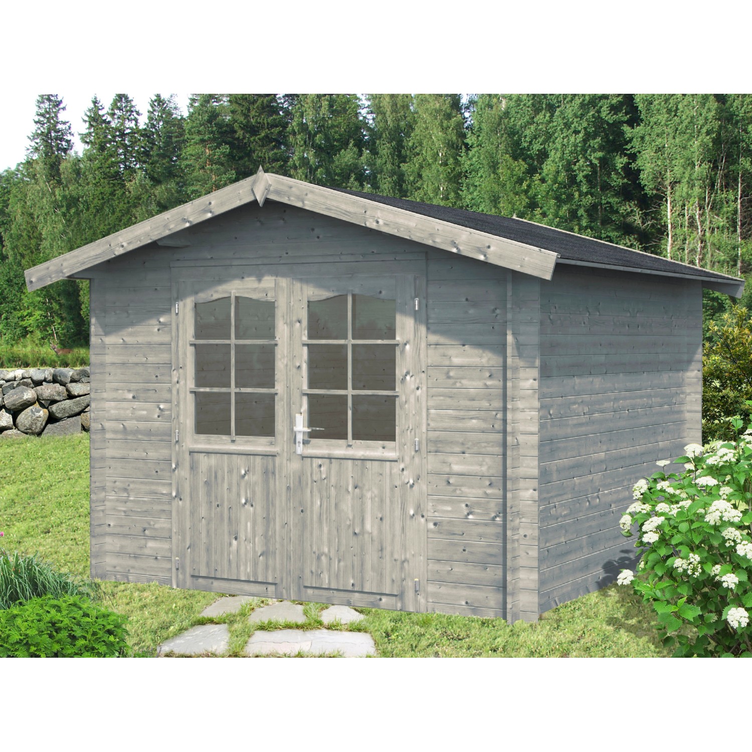 Palmako Lotta Holz-Gartenhaus/Gerätehaus Grau Satteldach Tauchgrundiert 276 cm x 276 cm