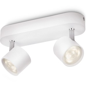 Weißer Philips LED-Spot Star mit 2 schwenkbaren Spots, 8W, für Deckenmontage.