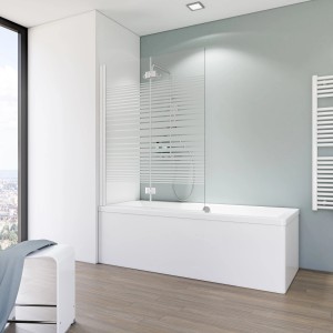 Schulte Badewannenaufsatz mit Querstreifen Dekor, 2-teilig, aus Glas, montiert auf einer weißen Badewanne.