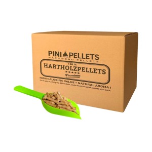 PINI Hartholz Pellets 10 kg Oregano für Grill & Pizzaofen. Braune Box, grüne Schaufel mit Holzpellets.