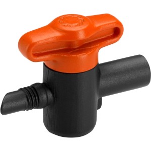 Gardena Regulierventil für Micro-Drip-Systeme, orangefarbener Drehknopf, schwarzes Gehäuse.