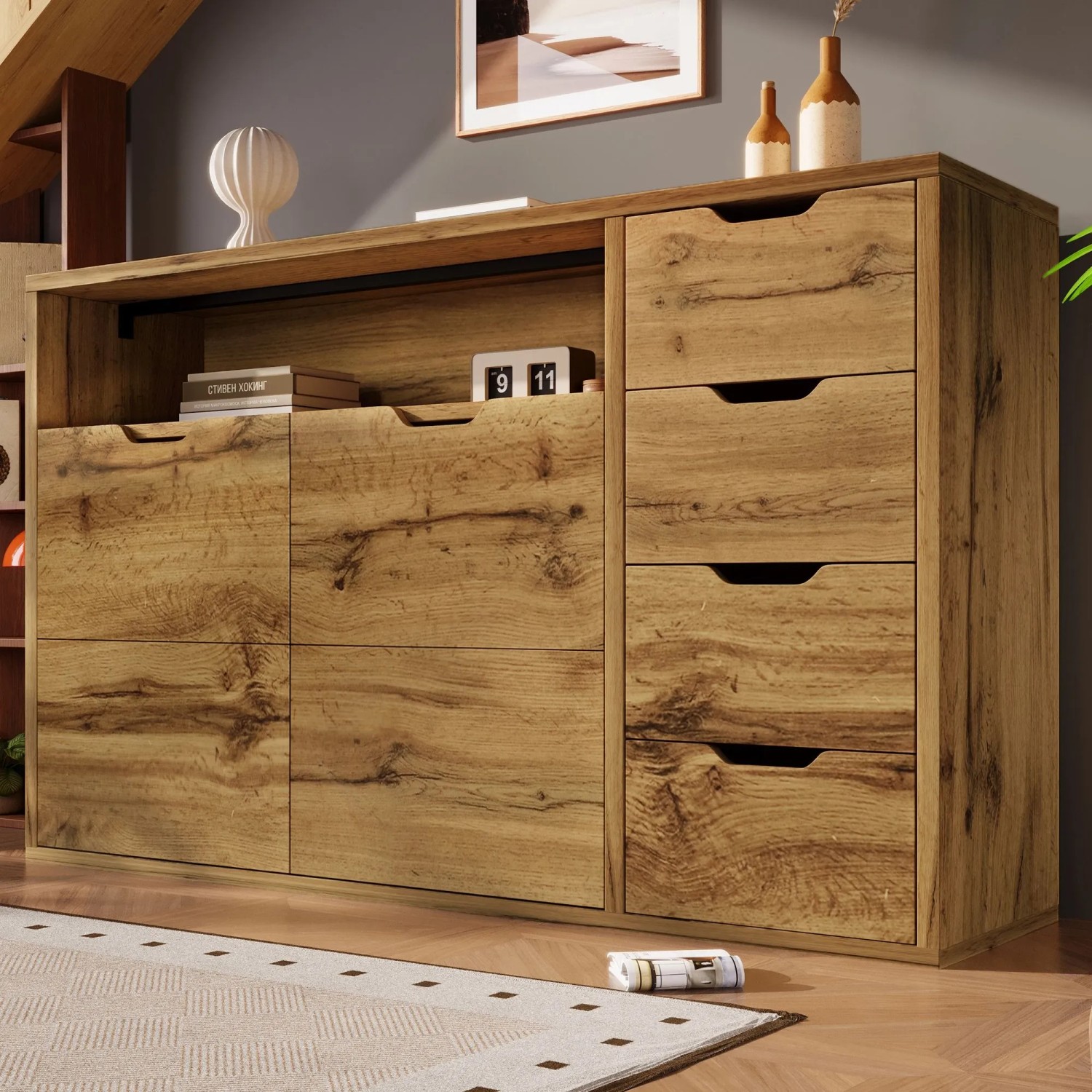 Merax Kommode Eiche mit 4 Schubladen, Schrank und offenem Fach. Moderner Wohnzimmerschrank in Holzoptik.