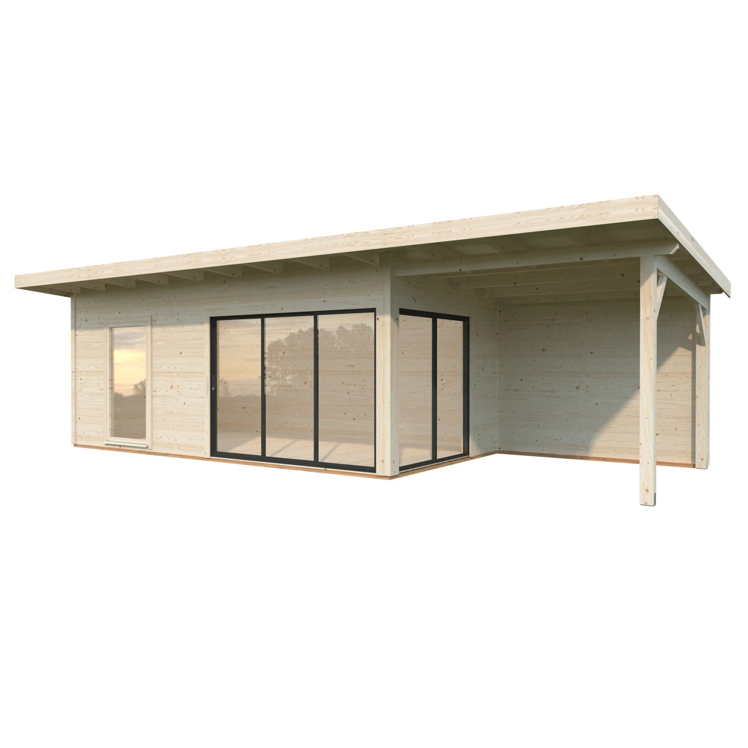 Naturbelassenes Palmako Gartenhaus Andrea mit Schiebetüren und überdachtem Anbau.
