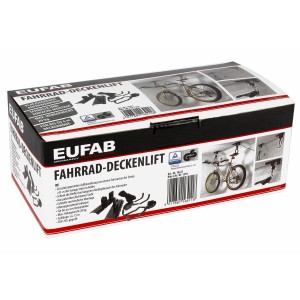 Verpackung des Eufab Fahrrad-Deckenlifts zur Deckenmontage, max. 20 kg Nutzlast.