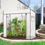 Weißes Foliengewächshaus mit Schrägdach und braunem Rahmen im Garten. Tomatenpflanzen wachsen darin. Begehbares Pflanzenhaus.