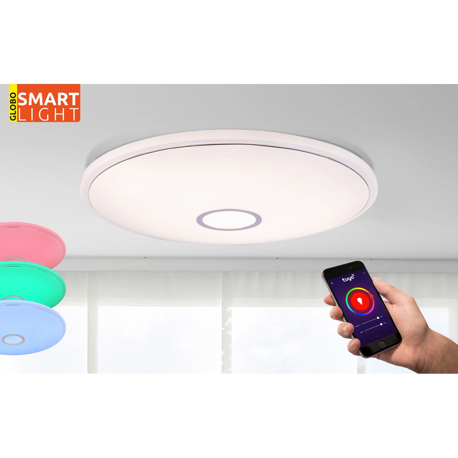 Weiße, runde LED Deckenleuchte Connor (50cm) mit Smart Home Funktion und Bedienung per Smartphone.