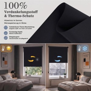 Schwarzes Verdunkelungsrollo mit Thermoschutz. Klemmfix-Montage ohne Bohren. Schützt Fenster vor Hitze & Kälte.