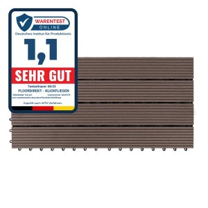 Dunkelbraune KARAT WPC Klickfliese Royal, wetterbeständig, 30x60 cm, für Terrasse und Balkon.