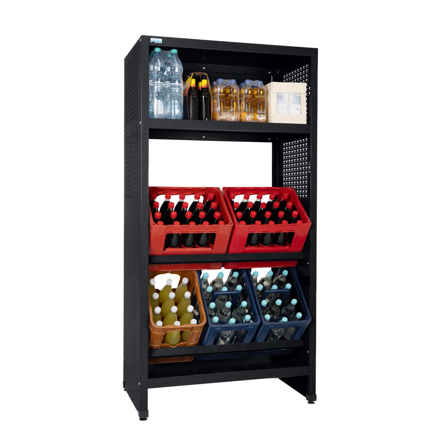 Schwarzes Küpper Getränkekistenregal 204x91x53cm mit Getränkekisten und Flaschen.