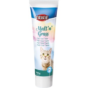 Trixie Malt'n'Grass Anti-Hairball Katzenleckerli, 100g Tube mit Katze auf der Verpackung.
