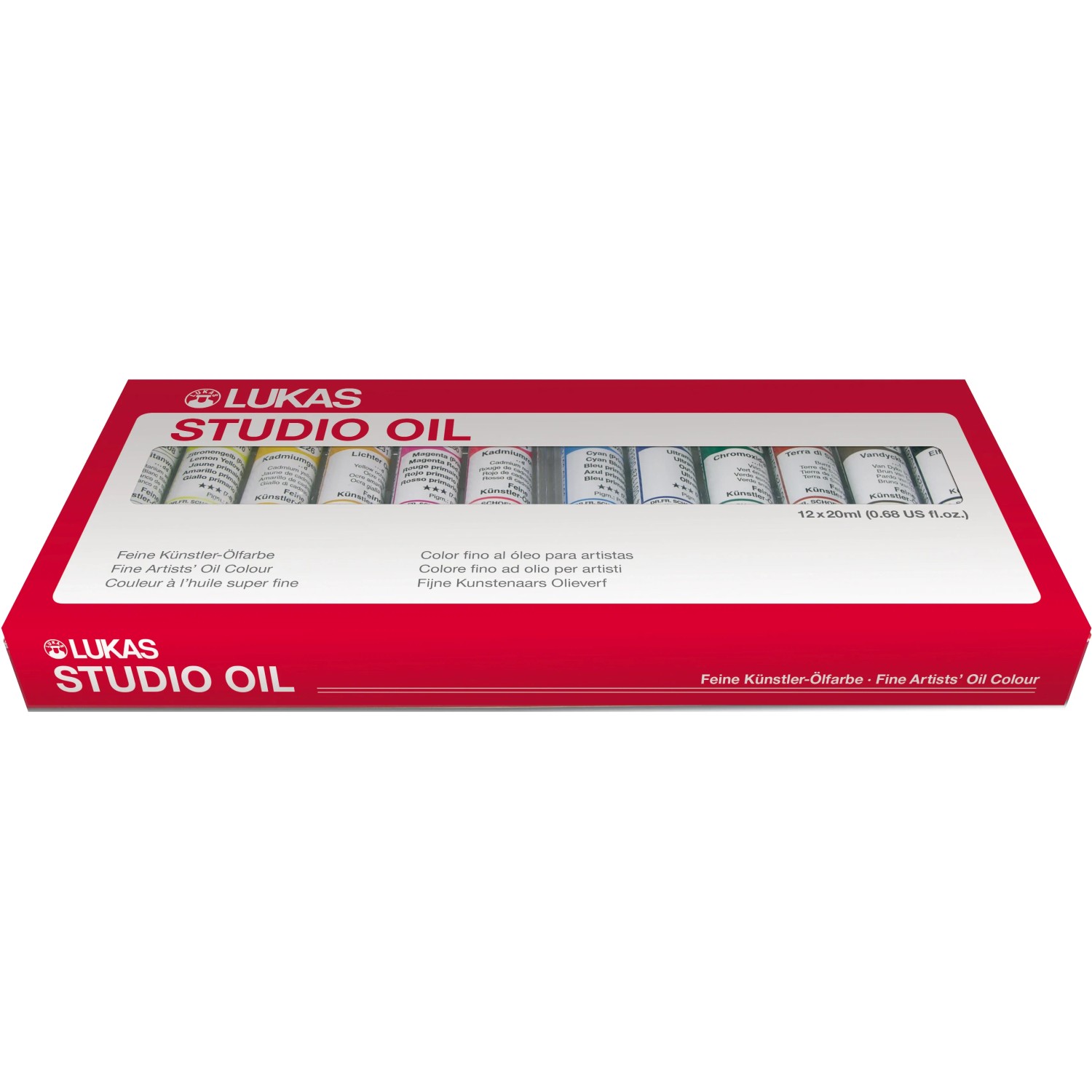Lukas Studio Oil Ölfarben-Set mit 12 Farbtuben im roten Karton-Etui.