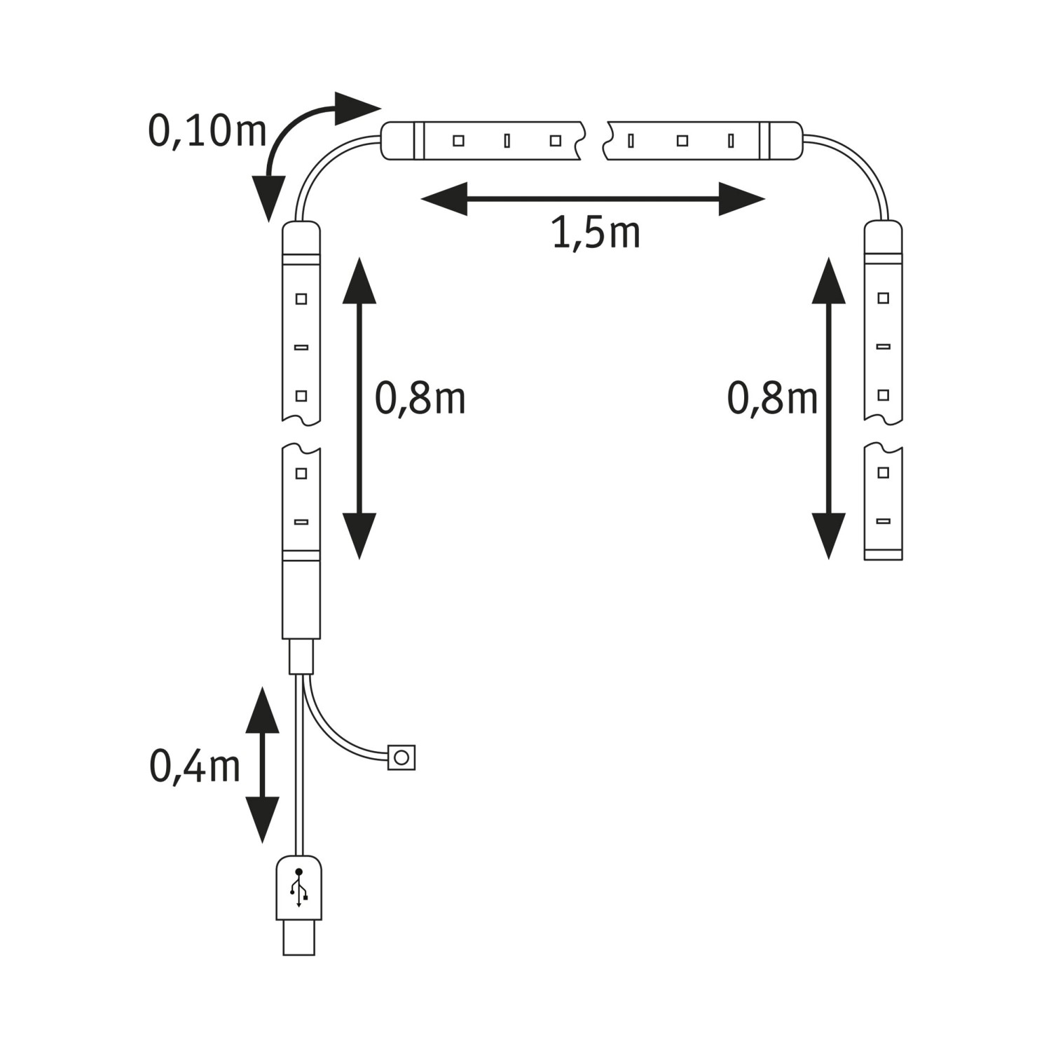 Skizze des Paulmann LED-Streifens EntertainLED für 75-Zoll-Fernseher mit Maßangaben.